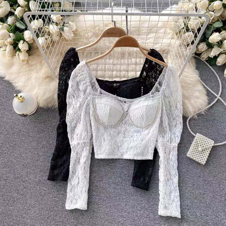 Autumn ,lace Hollow Lace Shirt, Square Collar Loose Thin Top