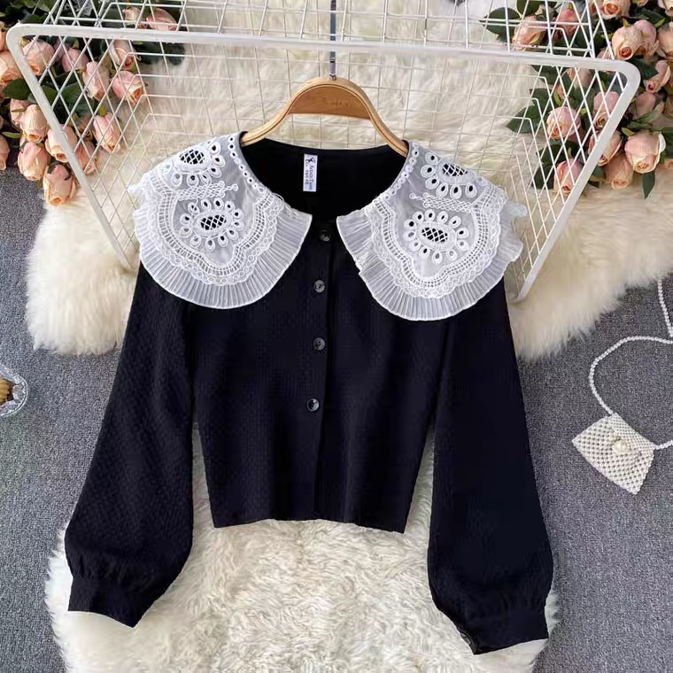 Autumn, Vintage, Lace Baby Collar Long Sleeve Knit Top, Sweet, Artistic, Short Cardigan