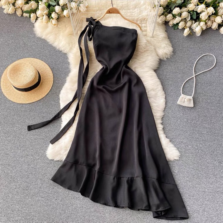 Black, Irregular, One-shoulder, Backless Evening Dress, Heiress Waist Flounces Dress