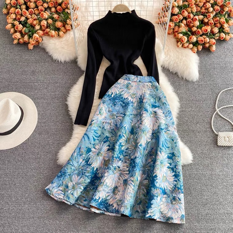 Vintage Style, Long High-waisted Jacquard Skirt In Oil Painting, Big Swing Umbrella Skirt, Two-piece Suit, Knitted Sweater With Standing Collar