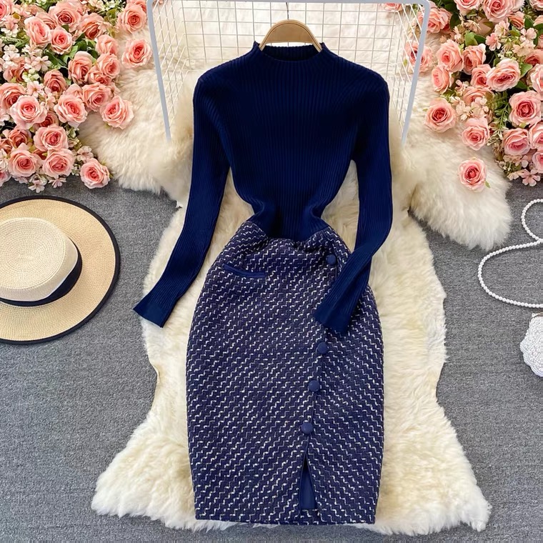 Light luxury, elegant, temperament, force long dress, stand collar knitted stitching coarse tweed waist dress
