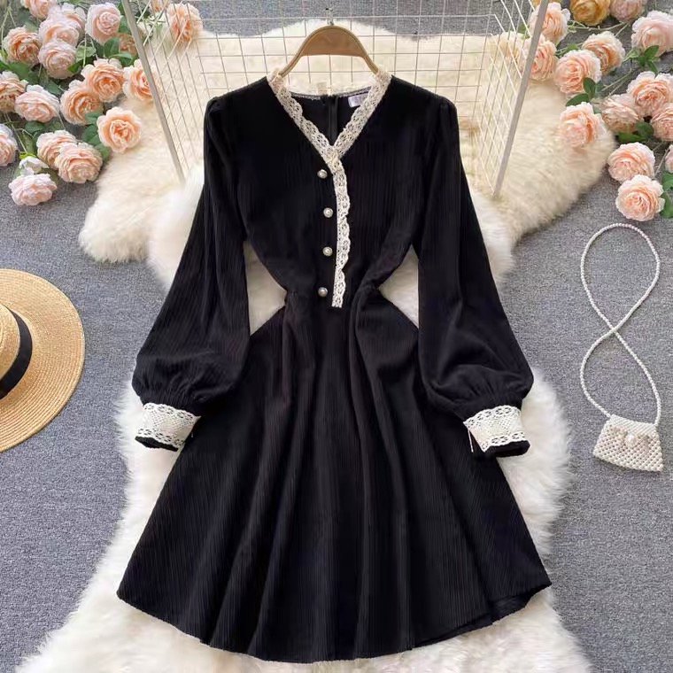 Vintage corduroy dress, fall dress, lace stitching, bubble sleeves, little black dress
