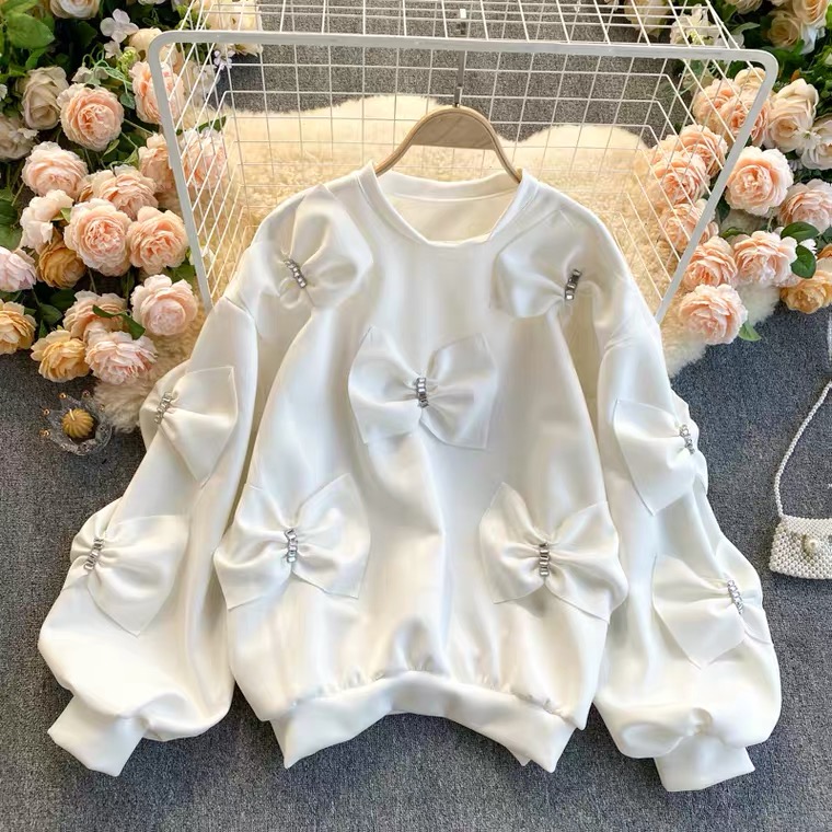 Light luxury lady jacket, embroidered with diamond bowknot, bubble sleeve loose versatile pullover hoodie