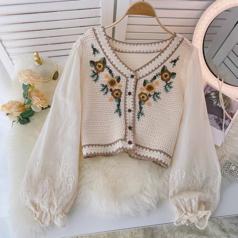 Bohemian, Vintage, Hook-cut Cardigans, Heavy Embroidery, Short Tops With Bubble Sleeves, Fall Wear