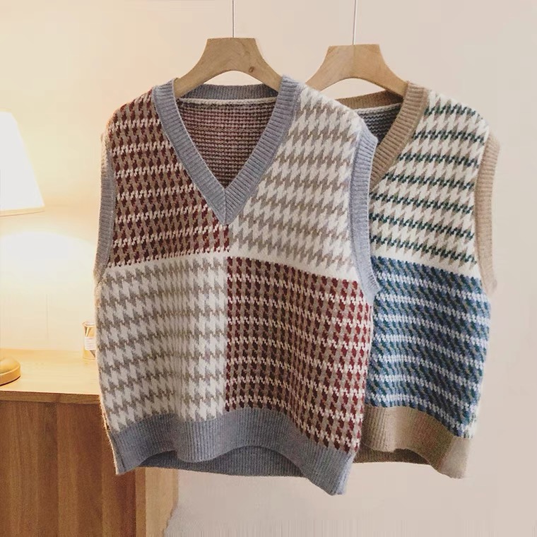 Vintage, Plaid Sweater Vest, Spring And Autumn, Style, Loose, Outer Wear, V-neck Clash-color Knit Vest