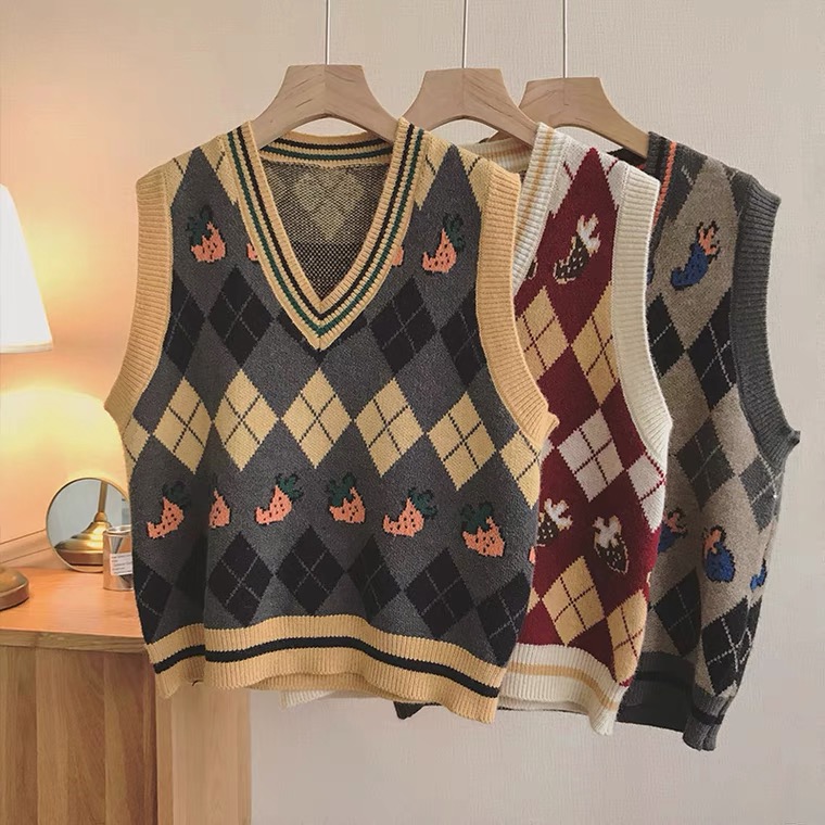 Clash, V-neck Knit Vest, , Loose, Outer, Sleeveless Vintage Plaid Sweater Vest