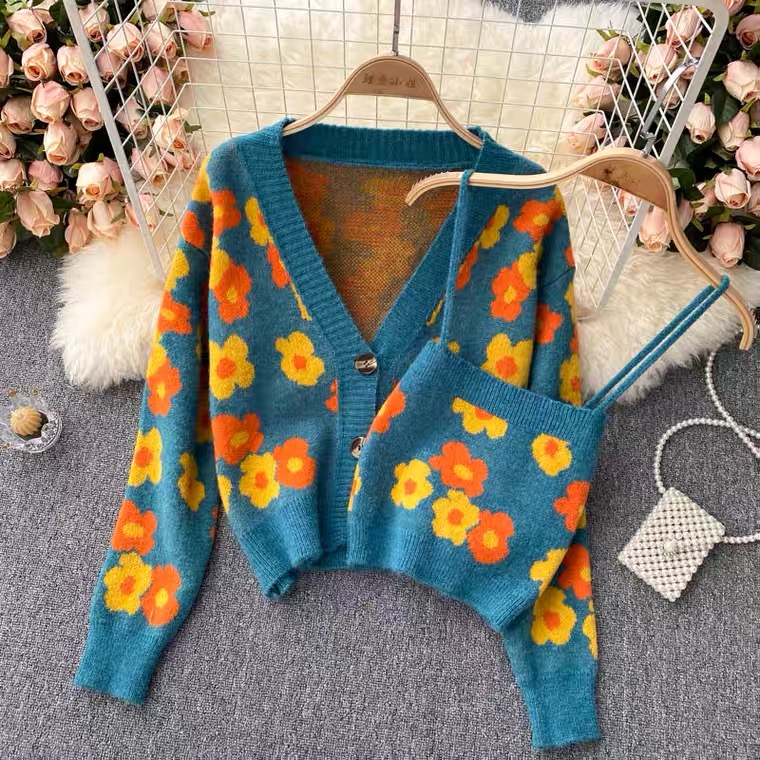 Autumn, Fresh, Fashionable, Spaghettis Strap Top, Cardigan Sweater, Two Suits