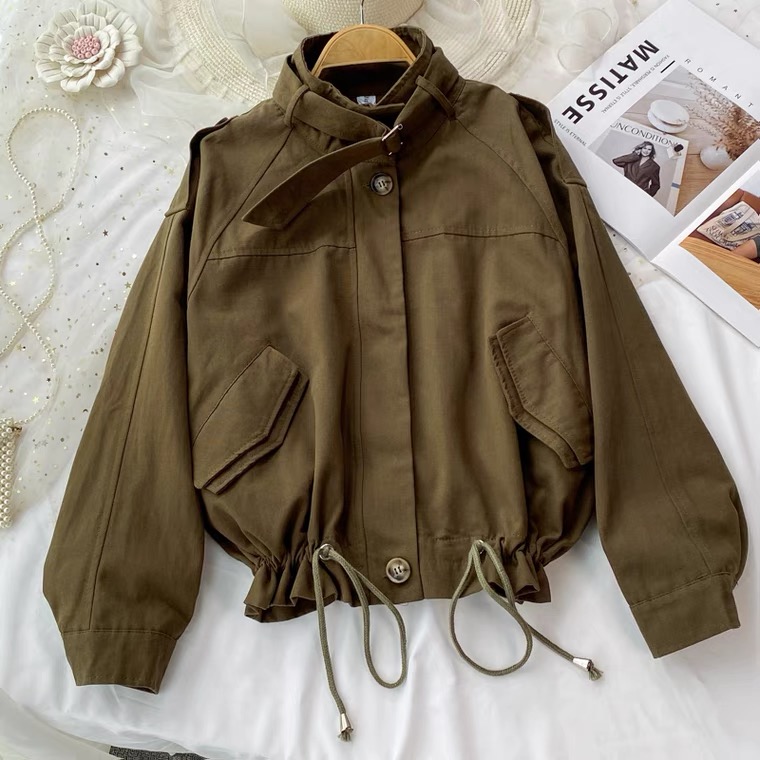 Fashion, cargo style, stand collar, drawstring, long sleeve short coat, casual jacket top 