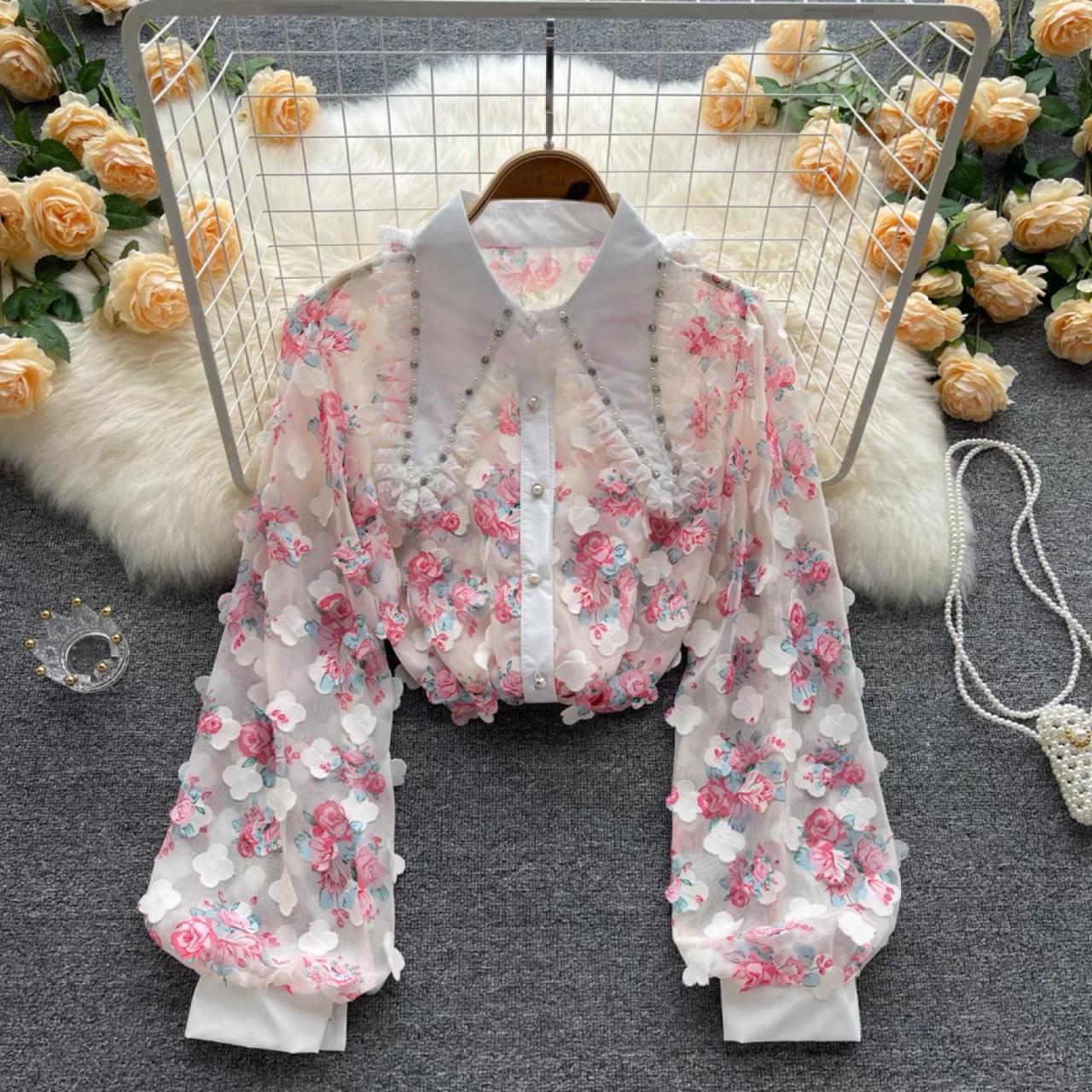 Stereo Petals, Heavy Nail Beads, Lace Blouse, Chiffon Shirt With Baby Collar
