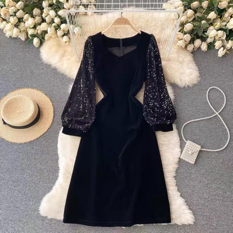 Class Dress, V-neck, Chic, Sequined Patchwork, Long Sleeve Velvet Little Black Dress