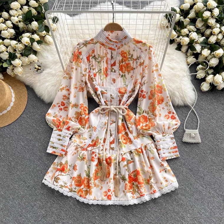 Vintage, palace style, standing collar, printing, lace stitching, single breasted, fashionable flower dress