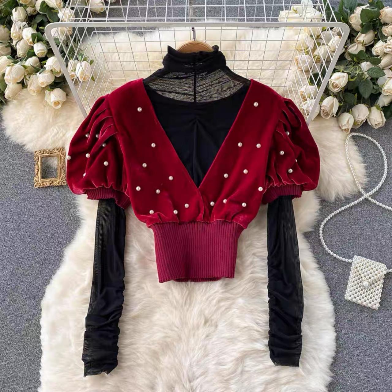 Temperament, Beaded, V-neck, Short, Velvet Autumn Sweet Chic Top, Mesh With Top, Fashionable Two-piece Suit