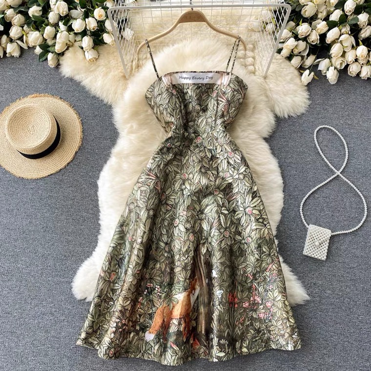  Lady style dress, high sense, vintage, jacquard texture halter dress, slim midi dress
