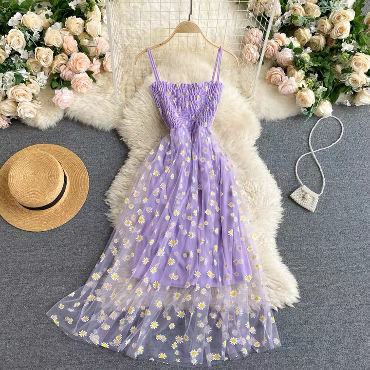 Fairy, Temperament, Gentle Dress, Halter Dress, Tulle Embroidery Chrysanthemum Holiday Dress