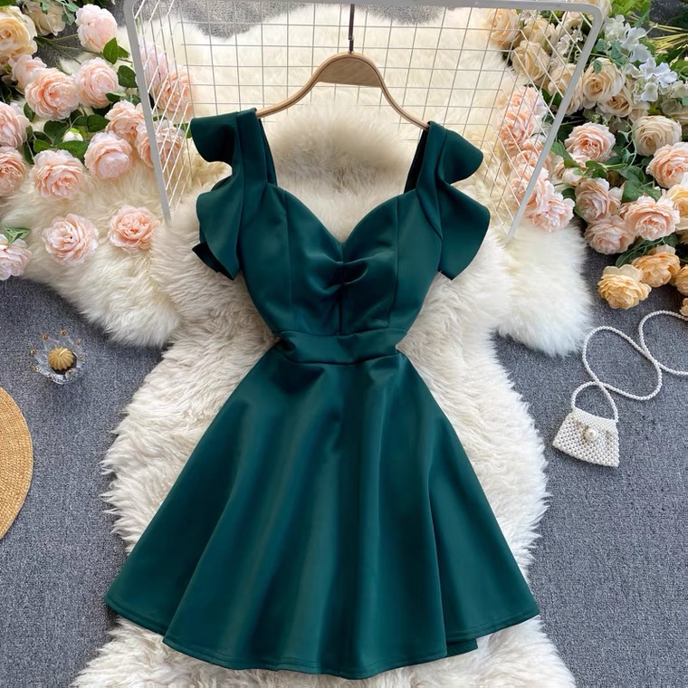 Green Mini Dress, V-neck Short Dress, Ear-trimmed, Slim Sweet Dress