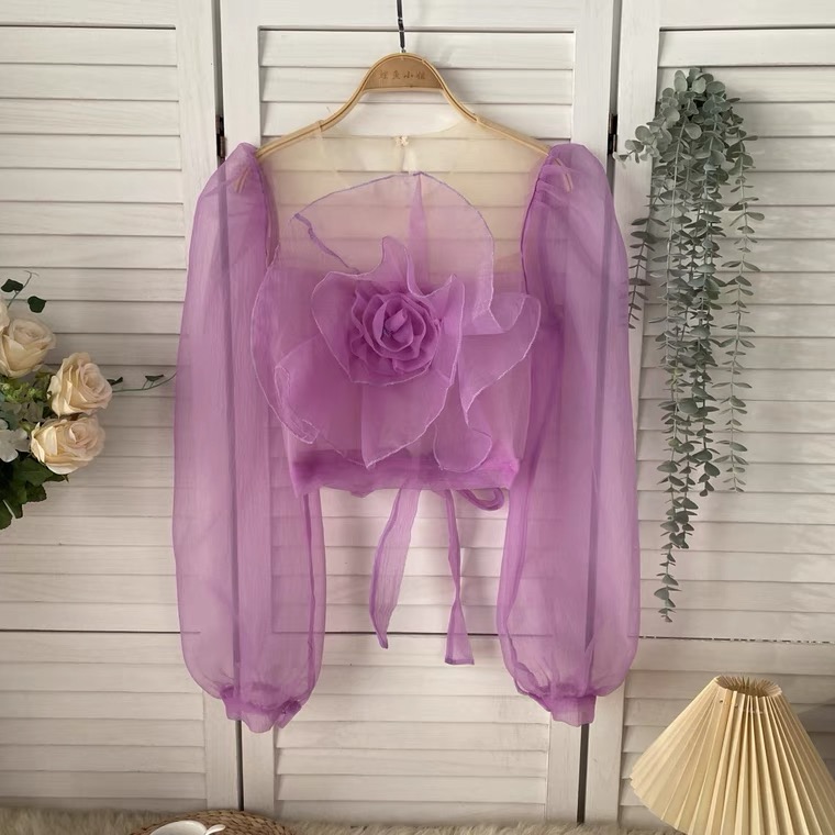 Sweet, Three-dimensional Flowers, Short Style Temperament Blouse, Autumn, Bubble Sleeve See-through Shirt