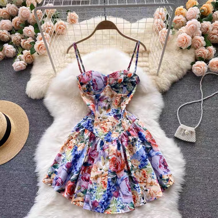 Oil Painting ,floral, Slim And Short Style, Spaghetti Strap Dress With Flounces