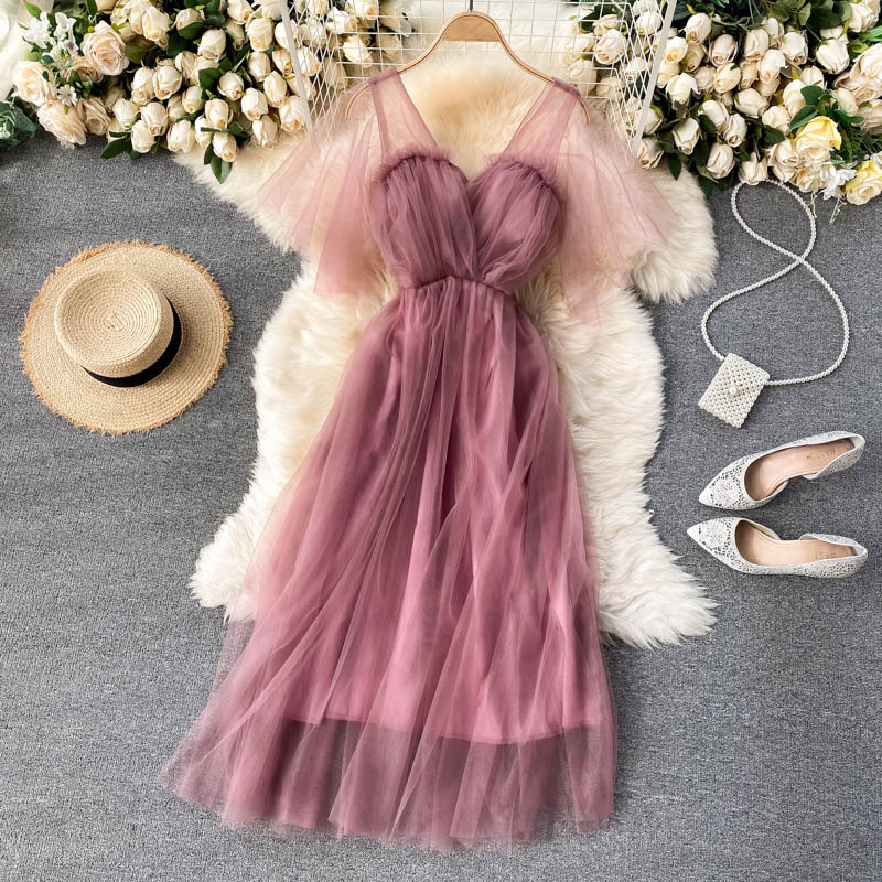 Fairy Dress, Gentle Wind Dress, Goddess Temperament Party Dress, V-neck, Pleated Slim Midi Prom Dress