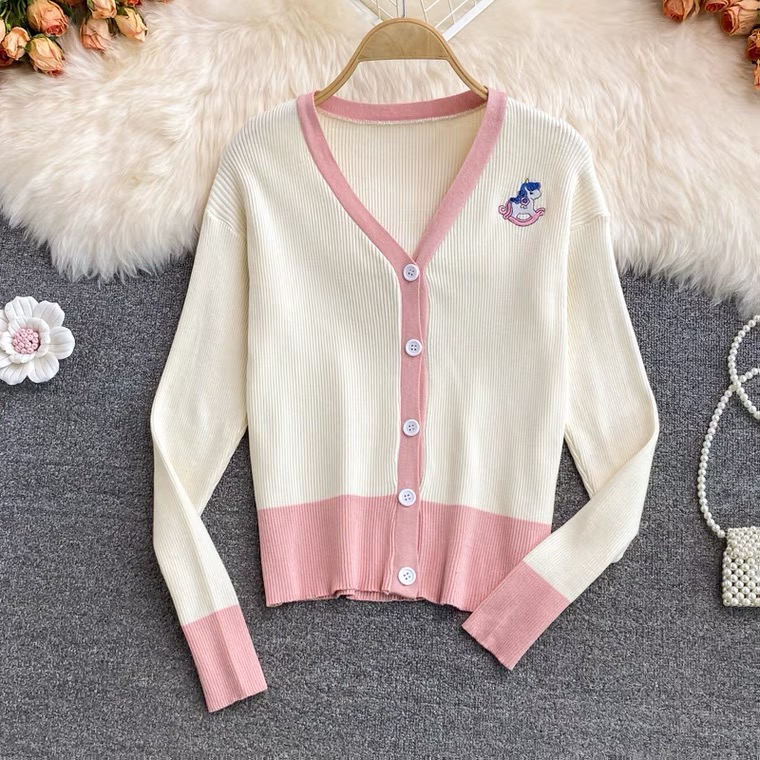 V-neck Cardigan, Spring/fall, Knit Long-sleeve Embroidered Top, V-neck Contrasting Sweater