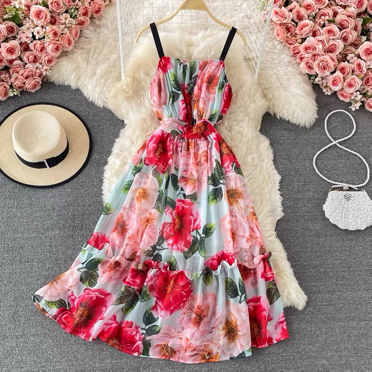Fairy Dress, Rose Print, Elegant Big Swing Slip Dress, Backless, Sweet Chiffon Floral Dress