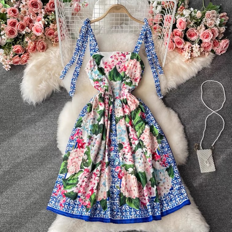 Holiday Broken Flower Dress Super Fairy Melting Printing Dress, Spaghetti Strap Dress