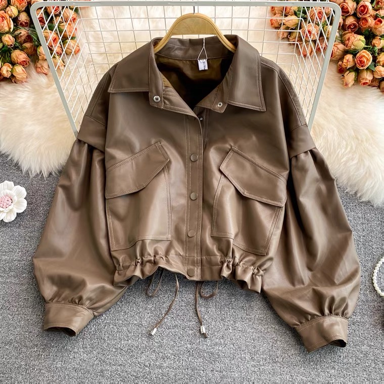 Versatile leather coat for women, loose, temperament, large pockets, long sleeves casual short motorcycle jacket