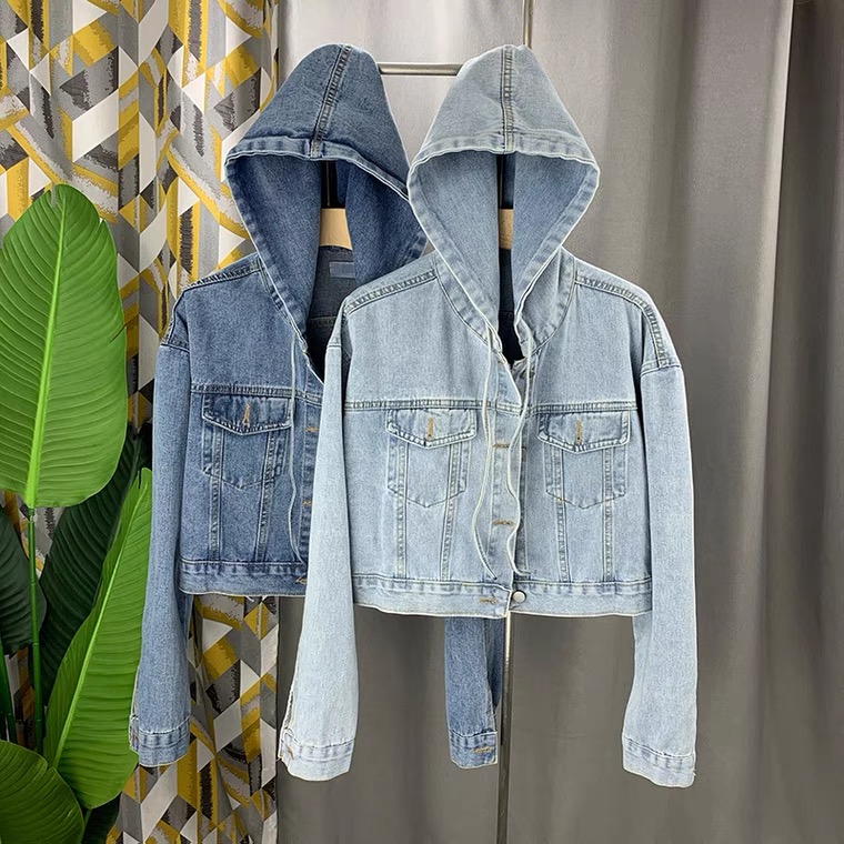 Denim Hooded Coat, Double Pockets, Drawstring, Student Cropped Jacket Top