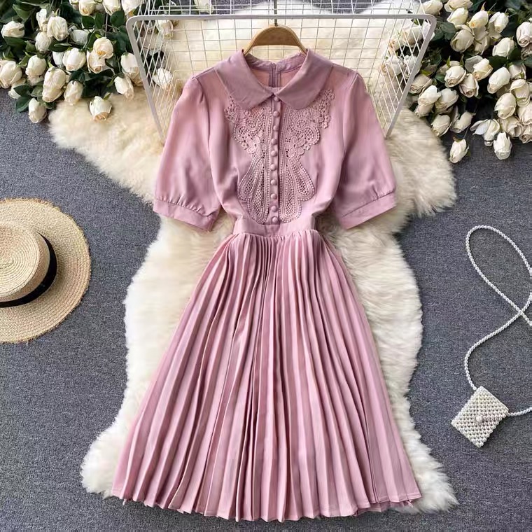 Elegant Dress, Baby Collar, Button, Waist, Heavy Pleated, Sweet Pleated Dress