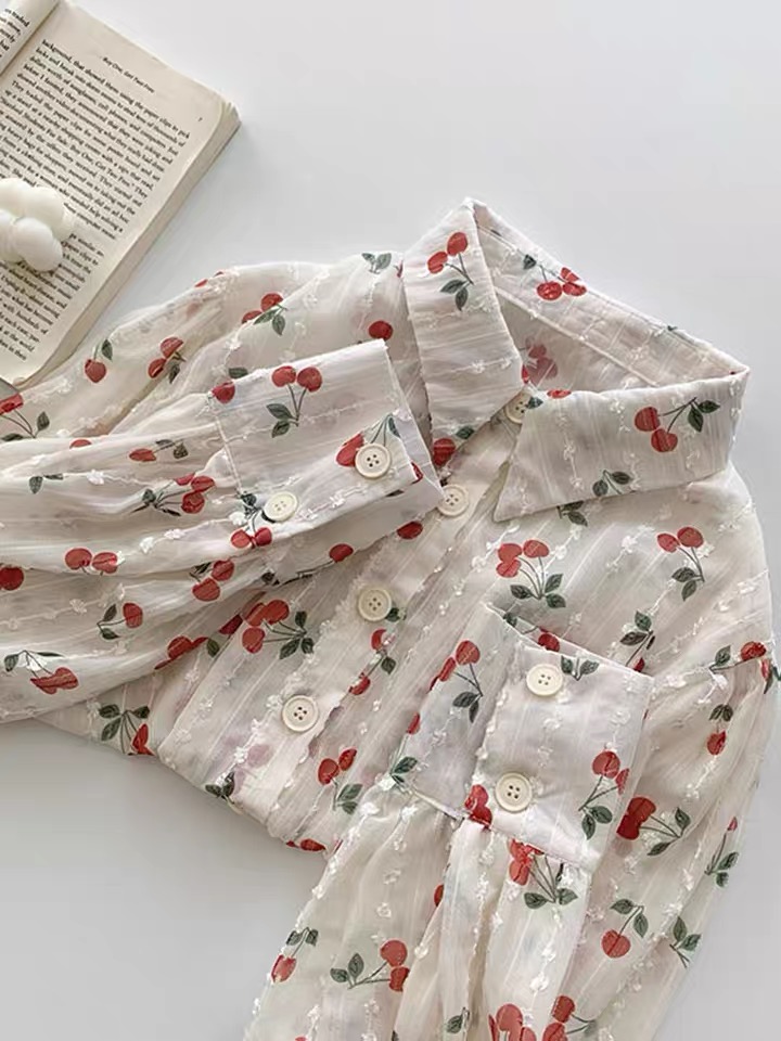 Sweet Cherry Shirt, Loose And Casual Floral Long Sleeve Top