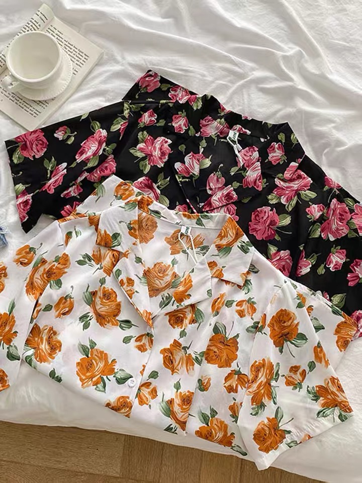 Fashion Short Sleeve Blouse, Popular Loose Personality Floral Top