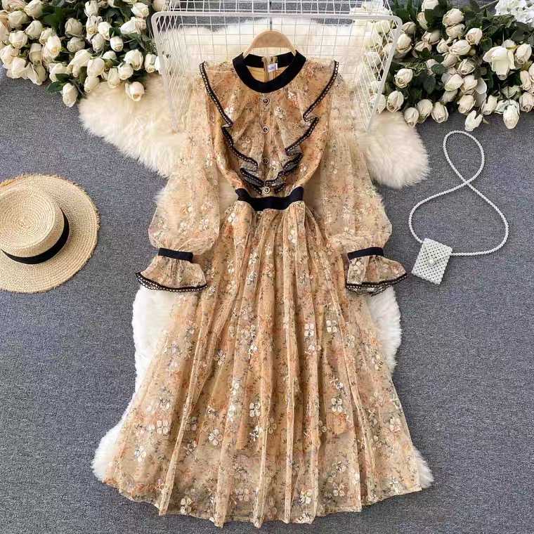 Vintage High Sense Of Dress, Flounces, Mesh Embroidery, Fairy Big Swing Midi Dress