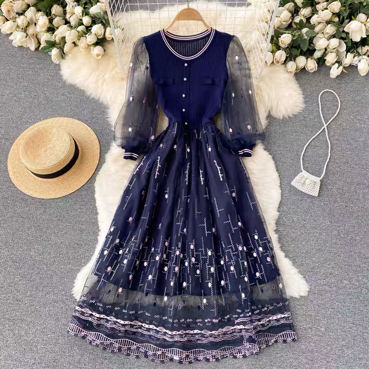 Long Sleeve Dress, Heavy Embroidery, Round Collar, Knitted Stitching, Mesh Super Fairy Temperament Dress