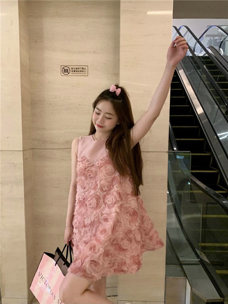 Pink Stereoscopic Flower Dress, Sweet Dress, Fresh Tulle Dress
