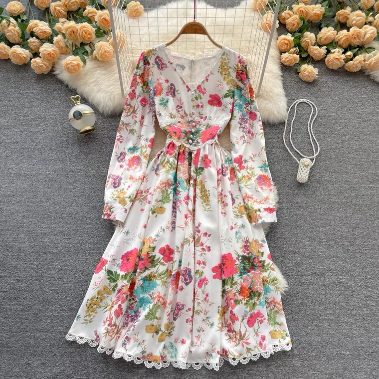 Romantic Dress, Waist, Lace, V-neck Dress, Fairy Floral Dress