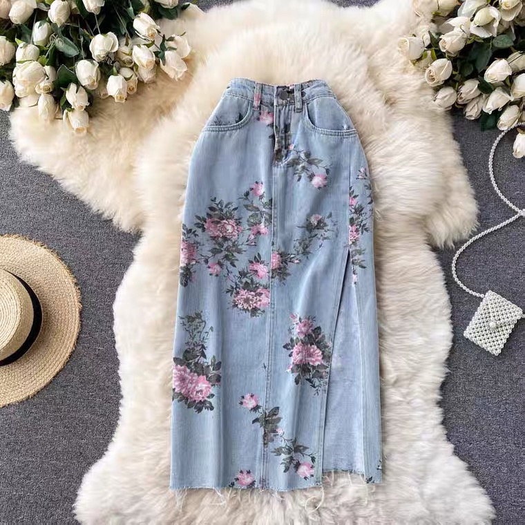 Denim skirt, new style, high-waisted A-line skirt, floral slit skirt