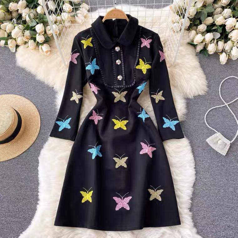 Heavy, Buttons, Butterfly Printed Dress, Chic Mid-length Dress