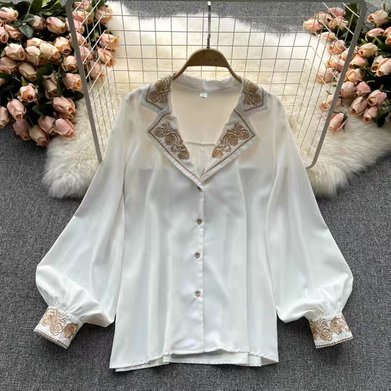 Super Fairy, Fashion Embroidered Chiffon Long Sleeve Shirt, V-neck Versatile Chic Top