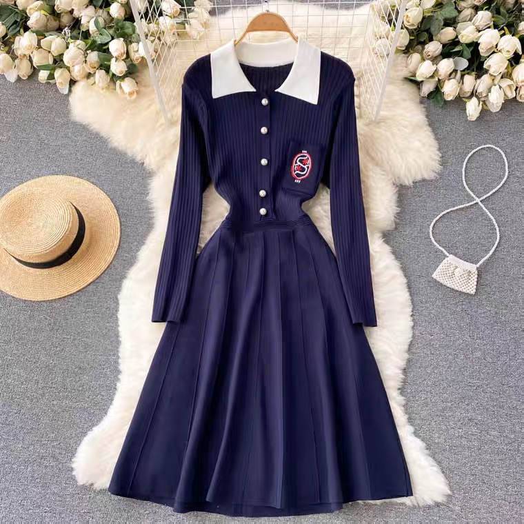 Preppy, polo collar, embroidery, waist, pearl, patchwork knit dress, bottom dress