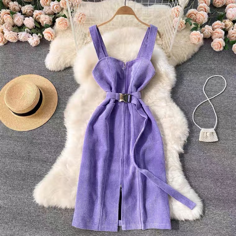 Vintage Corduroy Strap Dress Sweet, Temperament, Lace-up Waist, Hip Slit Dress