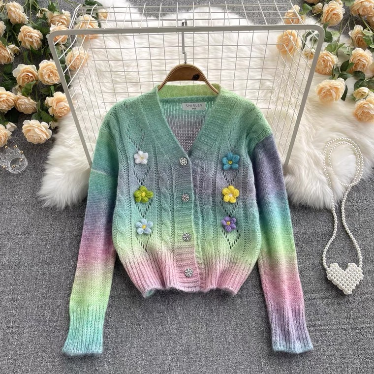  Retro, tie-dye, gradient sweaters, loose, lazy style, three-dimensional flowers, short cardigan tops