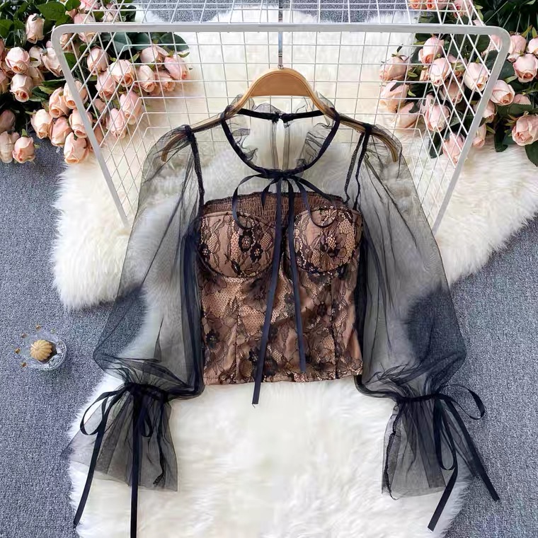 Mesh Stitching, Bubble Sleeves, See-through Strapless Shirt, Short Fashion Lace Top