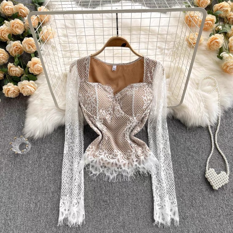 Fashionable Lace Blouse, Slim Short Lace Blouse With Long Sleeves
