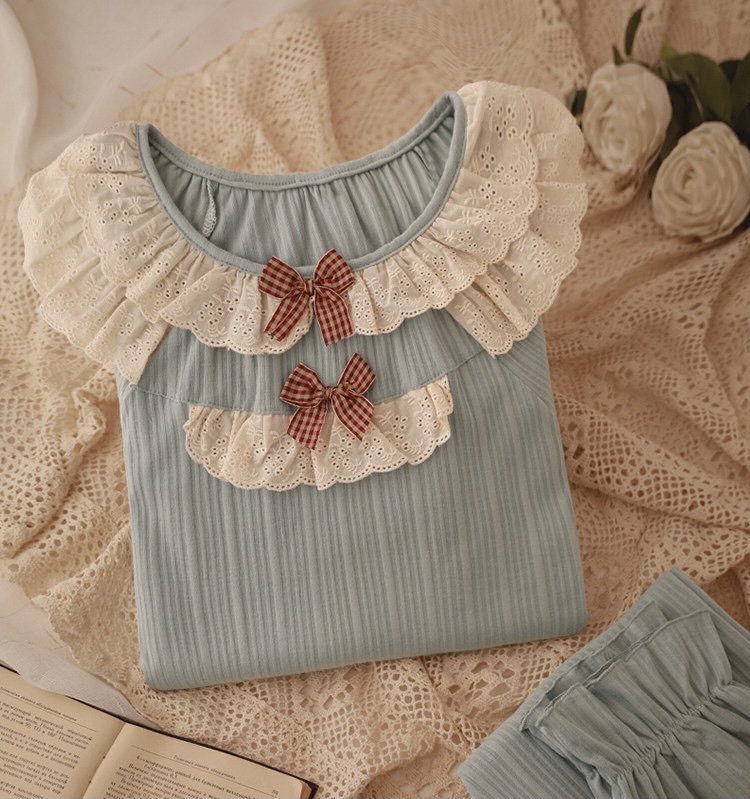 Two Piece,sweet Girl Cotton Pajamas, Spring And Autumn Style, Long Sleeves And Trousers Retro Home Clothes