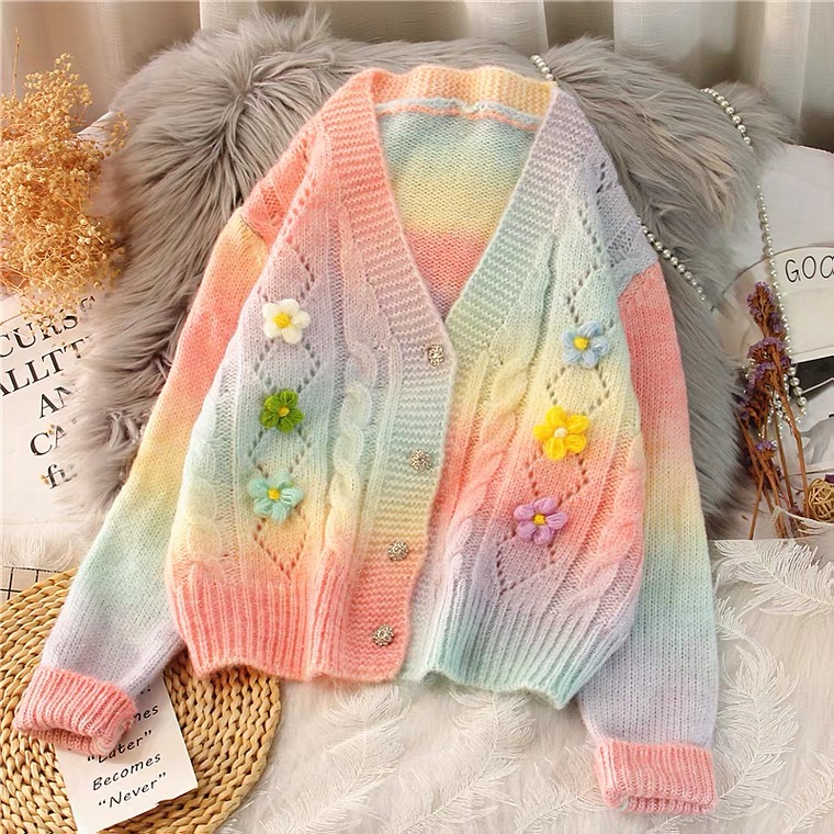 V-neck Rainbow Stripe Cardigan, Soft Waxy Loose Knit