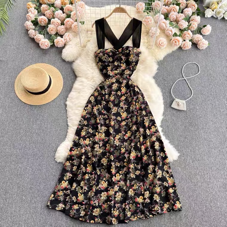Holiday dress, halter dress, strap, slim floral dress