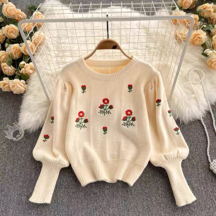 Pullover Knit Sweater, Flower Embroidery, Lantern Sleeve Loose Lazy Sweater