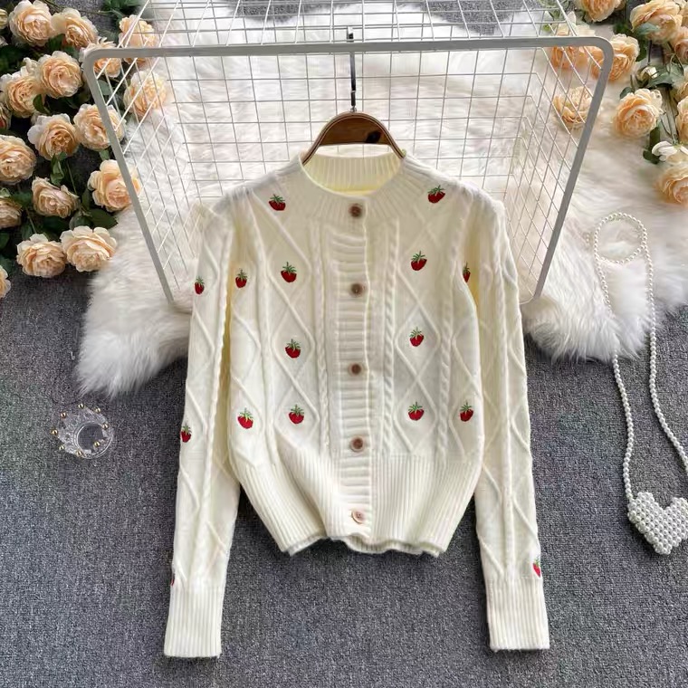 Strawberry Embroidered Short Sweater, Loose, Lazy Style, Standing Collar, Single-breasted Soft Waxy Cardigan