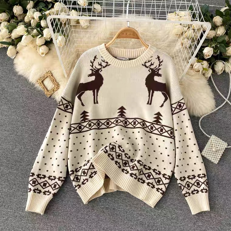 Pullovers, Christmas Deer Sweaters, Loose, Slouchy Long-sleeved Knits