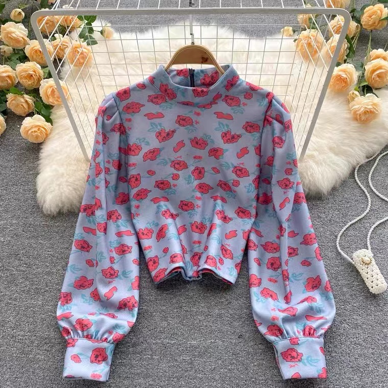 Chic temperament stand collar hoodie, fashion, printing, short style versatile bubble sleeve shirt