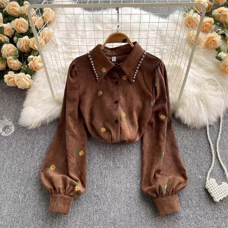 Vintage, Corduroy Shirt, Lady, Temperament, Diamond Inlaid, Lapel, Single Breasted, Heavy Embroidery Flower Bubble Sleeve Top